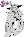  1boy absurdres armband beard belt belt_buckle bridal_gauntlets buckle cape copyright_name cowboy_hat derivative_work facial_hair flat_color goggles goggles_on_headwear green_armband green_eyes green_lips green_nails gyro_zeppeli hat highres holster jojo_no_kimyou_na_bouken jojo_pose k-ran limited_palette logo long_hair looking_at_viewer makeup male_focus monochrome official_style parted_lips self-upload short_sleeves simple_background smile solo spot_color steel_ball_(jojo) steel_ball_run white_background 