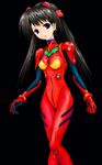 arms_at_sides bangs black_background black_hair blue_eyes bodysuit bracer breasts cosplay full_body gloves hair_tie hayasaka_tsukasa head_tilt headgear highres hips legs_together long_hair looking_at_viewer neon_genesis_evangelion number parted_lips pilot_suit plugsuit red_bodysuit simple_background skinny small_breasts solo souryuu_asuka_langley souryuu_asuka_langley_(cosplay) standing straight_hair sumadera_yukio tenshi_no_inai_12-gatsu thigh_gap turtleneck twintails 