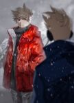  2boys alternate_costume animification antenna_hair bad_id bad_twitter_id black_eyes black_pants black_sweater blue_coat blush brown_hair coat commentary earmuffs eddsworld english_commentary hair_ears hands_in_pockets highres kiyoshi_st long_sleeves male_focus mountain multiple_boys open_clothes open_coat outdoors pants red_coat short_hair snow spiked_hair standing sweater tom_(eddsworld) tord_(eddsworld) winter winter_clothes 