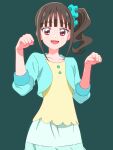  1girl :d aqua_skirt blue_scrunchie blush brown_hair commentary_request green_background hair_ornament hair_scrunchie highres jacket looking_at_viewer nekoyashiki_mayu official_style open_mouth parody paw_pose precure purple_eyes scrunchie shinonome_sakura shirt side_ponytail simple_background skirt smile solo standing style_parody wonderful_precure! yellow_shirt 