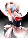  apron bad_id bad_pixiv_id between_fingers blue_hair braid captain_freedom gloves izayoi_sakuya knife long_hair maid red_eyes solo touhou twin_braids 