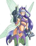  1girl absurdres arm_warmers belt bikini boots breasts butterfly_hair_ornament butterfly_wings cleavage collarbone commentary covered_eyes digimon digimon_(creature) english_commentary facial_mark fairimon garter_straps gloves grey_gloves grin hair_ornament hairband head-mounted_display highres index_finger_raised insect_wings long_hair medium_breasts metal_gloves navel ninja_dave parted_bangs purple_arm_warmers purple_belt purple_bikini purple_boots purple_hair purple_hairband shoulder_pads simple_background skindentation smile solo standing standing_on_one_leg stomach strapless strapless_bikini swimsuit teeth thigh_boots white_background wings 