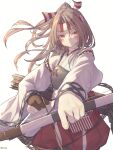  1girl arrow_(projectile) baronilu blush bow_(weapon) brown_eyes commentary_request grey_hair hachimaki hakama hakama_shorts headband high_ponytail highres holding holding_bow_(weapon) holding_weapon japanese_clothes kantai_collection long_hair looking_at_viewer muneate ponytail shorts solo striped_headband weapon zuihou_(kancolle) 