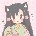  1girl :d animal_ears black_hair blush cat_ears cat_girl cat_tail commentary_request fang green_kimono grey_eyes idolmaster idolmaster_cinderella_girls japanese_clothes kemonomimi_mode kimono kobayakawa_sae long_hair long_sleeves mitarashi_neko obi plaid_background sash sleeves_past_fingers sleeves_past_wrists smile solo tail translation_request upper_body wide_sleeves 