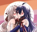  2girls ahoge blue_eyes blue_hair bronya_rand brown_hair bvbu closed_eyes commentary dress english_commentary grey_hair highres honkai:_star_rail honkai_(series) kiss kissing_cheek lesbian_flag logo long_hair multiple_girls seele_(honkai:_star_rail) upper_body yuri 