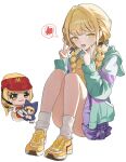  1girl :d blonde_hair braid character_doll chinese_commentary commentary_request doll double_v fang fujita_kotone full_body gakuen_idolmaster green_jacket hair_ornament highres hongshao_tu_tou_bei_bei_xiang hood hood_down idolmaster jacket knees_up long_hair looking_at_viewer low_twin_braids miniskirt open_clothes open_jacket open_mouth panties pantyshot pink_panties plaid_clothes plaid_skirt purple_skirt shirt shoes sidelocks simple_background sitting skin_fang skirt smile sneakers socks solo sparkling_eyes spoken_thumbs_up twin_braids underwear v white_background white_socks yellow_eyes yellow_shirt yellow_shoes 