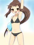  armpits bad_id bad_pixiv_id ball beachball bikini blush brown_eyes brown_hair flat_chest genderswap genderswap_(mtf) kyonko long_hair maruki_(punchiki) ponytail solo suzumiya_haruhi_no_yuuutsu swimsuit waving 