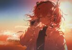 1girl a.i._voice adachi_rei anandebaba backlighting black_shirt cassette_player closed_eyes closed_mouth cloud expressionless facing_viewer gloves hair_between_eyes hair_ribbon hand_up headlamp highres holding jacket long_sleeves medium_hair netsu_ijou_(utau) one_side_up open_clothes open_jacket orange_hair outdoors radio_antenna ribbon shirt sky solo turtleneck upper_body utau white_gloves white_jacket white_ribbon 