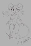 2024 anthro artist_name biped buckteeth butt butt_from_the_front cheese dairy_products dialogue ear_piercing ear_ring english_text exclamation_point featureless_crotch female flat_chested food freckelz full-length_portrait fur greyscale hi_res humanoid_hands humor long_tail looking_at_viewer mammal monochrome mouse murid murine nude nude_anthro nude_female one_eye_closed open_mouth piercing portrait pun ring_piercing rodent rodent_tail sketch solo standing tail talking_to_viewer teeth text wink winking_at_viewer
