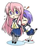  artist_request chibi closed_eyes glasses hiding hiiragi_tsukasa long_hair lucky_star multiple_girls pantyhose pink_hair purple_eyes ryouou_school_uniform school_uniform serafuku short_hair shy takara_miyuki yellow_neckwear 