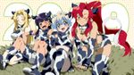  4girls animal_ears animal_print bad_id bad_pixiv_id belt bikini_top blonde_hair blush boots breasts cleavage cow_ears cow_girl cow_print cow_tail detached_sleeves fang gloves horns kemonomimi_mode kiyal kneeling large_breasts long_hair matsukaze_yukiji medium_breasts midriff multicolored_hair multiple_girls new_year nia_teppelin one_eye_closed ponytail purple_hair red_hair short_hair shorts sitting smile tail tengen_toppa_gurren_lagann thigh_boots thighhighs tsuuma yoko_littner 