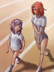  brown_eyes buruma elf elvaan final_fantasy final_fantasy_xi headband height_difference long_hair multiple_girls pointy_ears ponytail prishe purple_eyes purple_hair red_hair shirt_tug short_hair tara_baka_ni track track_and_field ulmia walking 