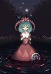  front_ponytail green_eyes green_hair hair_ribbon kagiyama_hina marujin ribbon solo touhou water 