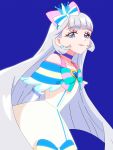  1girl aqua_hairband blue_background blue_bow blue_choker blue_eyes blue_hairband blunt_bangs bow brooch choker closed_mouth commentary crown cure_nyammy dress dress_bow earrings elbow_gloves gloves grey_hair hair_bow hairband heart heart_brooch highres jewelry long_hair looking_at_viewer magical_girl mini_crown multicolored_bow nekoyashiki_yuki off-shoulder_dress off_shoulder pink_bow precure shinonome_sakura smile solo standing striped_bow tilted_headwear white_dress white_gloves wonderful_precure! 