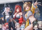  3girls ahoge anis_(nikke) anis_(star)_(nikke) bandeau bare_shoulders belt beret black_boots black_coat black_gloves black_hat black_skirt black_thighhighs blue_bow blue_hair blush boots bow breasts brown_belt brown_eyes brown_hair chest_strap closed_mouth coat collarbone commentary_request counters_(nikke) detached_collar doll doro_(nikke) fingerless_gloves glasses gloves goddess_of_victory:_nikke green_eyes green_shorts grey_hair hair_bow hair_ornament hat highres jacket jacket_partially_removed large_breasts long_hair long_sleeves looking_at_viewer medium_breasts midriff mint_(nikke) modernia_(first_affection)_(nikke) modernia_(nikke) multiple_girls navel neon_(nikke) neon_(vision_eye)_(nikke) official_alternate_costume open_mouth peaked_cap pink_hair pretty_(nikke) prika_(nikke) princess_(nikke) rapi_(nikke) rapi_(red_hood)_(nikke) red_eyes red_hair red_hood_(nikke) red_jacket salute shifty_(nikke) shirt short_hair short_shorts shorts shrug_(clothing) shupita side_slit side_slit_shorts sitting skirt smile stall_iii_(nikke) teeth thighhighs upper_teeth_only w white_bandeau white_hair white_shirt yellow_shrug 