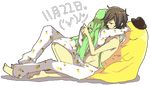  1girl barefoot bottomless c.c. cheese-kun code_geass green_hair holding holding_panties hug kl lelouch_lamperouge no_panties oekaki pajama_sharing pajamas panties pizza_hut striped striped_panties topless underwear 