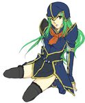  armor artist_request blue_armor fire_emblem fire_emblem:_akatsuki_no_megami green_hair grey_eyes helmet long_hair lowres nephenee sitting solo thighhighs 