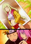  2girls blonde_hair breasts closed_eyes crop_top grin happy haruno_sakura headband jacket large_breasts long_hair midriff multiple_girls naruto naruto_(series) naruto_shippuuden_kizuna nervous photo_(object) pink_hair pointing pregnant shion_(naruto) smile sunahara_wataru turn_pale uzumaki_naruto 