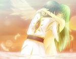  1girl angel_wings c.c. closed_eyes clothed_male_nude_female code_geass feathers green_hair kiss kl lelouch_lamperouge long_hair nude water wings 