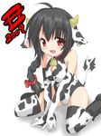  2009 animal_costume animal_print black_hair boots braid cow_costume cow_print elbow_gloves gloves horns kneeling leotard long_hair new_year original red_eyes solo thighhighs yuzuki_kei 