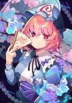  1girl a12_a_ini blue_butterfly blue_hat blue_kimono breasts bug butterfly cherry_blossoms closed_mouth commentary_request flower folding_fan frilled_kimono frills hand_fan hat highres holding holding_fan japanese_clothes kimono large_breasts looking_at_viewer mob_cap neck_ribbon obi pink_eyes pink_flower pink_hair purple_ribbon purple_sash ribbon ribbon-trimmed_collar ribbon_trim saigyouji_yuyuko sash sleeve_garter smile solo touhou triangular_headpiece upper_body 