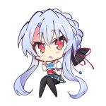  1girl :o aqua_skirt black_bow black_pantyhose blue_hair blush_stickers bow braid chibi chibi_only chinese_commentary commentary_request crown_braid cup eyes_visible_through_hair food frilled_skirt frills full_body fuyou_lev hair_between_eyes hair_bow hair_ribbon hand_up holding holding_cup invisible_chair komowata_haruka_(style) long_hair looking_at_viewer miniskirt open_mouth pantyhose red_eyes red_ribbon ribbon shaved_ice shirt short_sleeves sidelocks simple_background sitting skirt solo sorakado_ao summer_pockets transparent_background very_long_hair white_shirt 