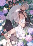 1boy 1girl bare_legs bare_shoulders black_pants blunt_bangs brown_hair chinese_commentary closed_eyes closed_mouth commentary_request couple dated day dress feet_out_of_frame flower_hairband from_above grass hetero highres hug hug_from_side long_hair love_and_deepspace nose on_ground outdoors pants profile protagonist_(love_and_deepspace) shirt short_hair short_sleeves sleeves_rolled_up sylus_(love_and_deepspace) sylus_(valleydream_bloom)_(love_and_deepspace) watermark weibo_username weibo_watermark white_dress white_hair white_shirt zhishuo418 