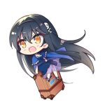  1girl :d black_camisole black_hair black_hairband black_skirt blue_capelet blush_stickers bone_hair_ornament camisole capelet chibi chibi_only chinese_commentary commentary_request eyes_visible_through_hair floating_hair frilled_capelet frills full_body fuyou_lev hair_between_eyes hair_ornament hairband komowata_haruka_(style) kushima_kamome long_hair looking_ahead medium_skirt on_suitcase open_mouth rolling_suitcase simple_background sitting skirt skull_and_crossbones skull_hair_ornament smile solo suitcase summer_pockets very_long_hair white_background yellow_eyes 