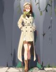  1girl absurdres ankle_boots beret blue_eyes boots brown_boots brown_hair brown_hat buttons closed_mouth coat commentary_request double-breasted double-parted_bangs full_body fur-trimmed_boots fur-trimmed_shorts fur_trim green_scarf hair_between_eyes hands_in_pockets hat heterochromia highres looking_at_viewer medium_hair mole mole_under_eye original purple_eyes scarf shorts solo white_coat white_shorts winter_clothes yoojp 