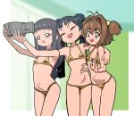  3girls bikini black_hair brown_hair camcorder cardcaptor_sakura commentary_request daidouji_tomoyo embarrassed formerly gold_bikini kinomoto_sakura li_meiling long_hair micro_bikini multiple_girls navel public_indecency recording short_hair stomach swimsuit video_camera 