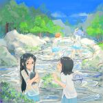  4girls aioi_yuuko animal_hug black_hair blue_hair blue_skirt closed_eyes fish flower glasses highres in_water kyuunn long_hair minakami_mai multiple_girls naganohara_mio nichijou orange_hair outdoors playing river scenery school_uniform shinonome_nano shirt short_hair short_twintails skirt splashing tokisadame_school_uniform tree twintails water wet wet_clothes wet_shirt wet_skirt white_shirt winding_key 