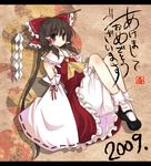  2009 bad_id bad_pixiv_id bloomers bow brown_hair detached_sleeves gohei hair_bow hakurei_reimu mary_janes new_year red_eyes shoes single_shoe solo touhou underwear white_bloomers yatosaki_haru 