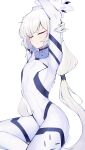  1girl absurdres blue_archive blush bodysuit closed_eyes commentary covered_navel flat_chest frown git_(git_giit) halo highres himari_(armed)_(blue_archive) himari_(blue_archive) long_hair mole mole_under_eye purple_halo sitting solo stretching white_background white_bodysuit white_hair 