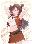  1girl armpits artist_name bare_shoulders belt black_hair breasts brown_hat brown_skirt brown_vest collarbone cowboy_hat cowboy_western cowgirl_(western) crop_top cropped_vest dated earrings final_fantasy final_fantasy_vii final_fantasy_vii_rebirth final_fantasy_vii_remake gloves happy_birthday hat jewelry leather leather_vest linono long_hair looking_at_viewer medium_breasts midriff navel official_alternate_costume red_eyes skirt smile teardrop_earrings tifa_lockhart tifa_lockhart_(cowgirl) vest 
