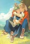  2boys ;) absurdres ancient_greek_clothes arched_crown arm_around_another's_waist arm_around_neck bakugou_katsuki between_legs blonde_hair blue_sky boku_no_hero_academia bracelet branch bright_pupils brown_gem check_clothing choppy_bangs clenched_hand closed_mouth clothing_request cloud cloudy_sky colored_eyelashes commentary_request conconcon1031 crown day english_commentary freckles front-to-back full_body fur_shawl gem gladiator_sandals glint gold_bracelet gold_crown grass greco-roman_clothes green_eyes green_hair hair_between_eyes hand_on_another's_arm hand_on_another's_hand hand_up happy head_tilt highres himation hug hug_from_behind jewelry kissing_ear knees_apart_feet_together knees_up looking_at_another looking_to_the_side male_focus midoriya_izuku mixed-language_commentary multiple_boys official_alternate_costume on_ground one_eye_closed outdoors sandals shawl short_hair sideways_glance simple_bird sitting sitting_between_legs sky smile spiked_hair sunlight toenails tree white_pupils yaoi yellow_crown 