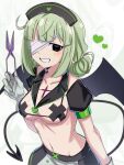  1girl aoki_shizumi araga_kiwi bandage_over_one_eye black_eyes black_hat black_sleeves commentary covered_nipples demon_tail demon_wings detached_sleeves gloves green_hair grin hat heart highres holding holding_scissors mahou_shoujo_ni_akogarete micro_bra mole mole_under_eye navel nurse_cap revealing_clothes scissors smile solo stomach tail white_gloves wings zoom_layer 