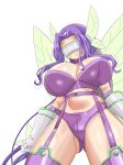  1girl absurdres alternate_breast_size_(larger) arm_warmers belt bikini boots breasts butterfly_hair_ornament butterfly_wings cleavage closed_mouth commentary covered_eyes cowboy_shot digimon digimon_(creature) elbow_gloves facial_mark fairimon furiosoh5 garter_straps gloves grey_gloves hair_ornament hairband head-mounted_display highres huge_breasts insect_wings korean_commentary long_hair navel parted_bangs purple_arm_warmers purple_belt purple_bikini purple_boots purple_hair purple_hairband simple_background skindentation solo standing stomach strapless strapless_bikini swimsuit thigh_boots white_background wings 