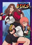  2girls baseball_bat black_shorts braid brown_hair clenched_hands dorothea_arnault dorothea_arnault_(timeskip) english_commentary fire_emblem fire_emblem:_three_houses grin highres holding holding_baseball_bat ihsnet kunio-kun_series leonie_pinell leonie_pinelli leonie_pinelli_(timeskip) metal_baseball_bat multiple_girls orange_hair red_shirt river_city_girls shirt shorts smile spiked_bat white_shirt 