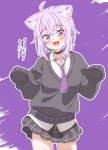  1girl :3 :d ahoge animal_ear_fluff animal_ears black_choker black_collar black_skirt black_sweater blush breasts cat_ears cat_girl choker collar collarbone collared_shirt commentary_request cowboy_shot dress_shirt fang grey_skirt hair_between_eyes head_tilt highres hololive long_sleeves looking_at_viewer medium_hair miniskirt necktie nekomata_okayu open_mouth outline plaid_clothes plaid_skirt pleated_skirt purple_background purple_eyes purple_hair purple_necktie school_uniform shinonome_sakura shirt skirt sleeves_past_fingers sleeves_past_wrists smile solo sweater virtual_youtuber white_outline white_shirt 