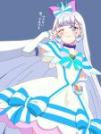  1girl blue_background blue_bow blue_choker blue_eyes blunt_bangs blush bow brooch choker closed_mouth commentary_request crown cure_nyammy detached_sleeves dress dress_bow earrings grey_hair hair_bow heart heart_brooch highres jewelry long_hair looking_at_viewer magical_girl mini_crown multicolored_bow nekoyashiki_yuki one_eye_closed pink_bow pouch precure shinonome_sakura smile solo standing striped_bow tilted_headwear white_dress wonderful_precure! 