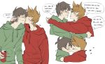  >_< 2boys animification antenna_hair arms_around_neck blush brown_hair can closed_eyes cola commentary drawstring drink drink_can edd_(eddsworld) eddsworld english_text eye_contact flipped_hair flustered french_kiss green_hoodie hair_behind_ear hair_ears hand_on_another's_head heart highres holding holding_can holding_drink hood hood_down hoodie kiss kiyoshi_st licking licking_another's_face long_sleeves looking_at_another male_focus multiple_boys multiple_views open_mouth red_hoodie saliva saliva_trail short_hair simple_background speech_bubble swept_bangs tord_(eddsworld) u_u untranslatable_commentary white_background yaoi 