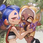  2girls after_kiss beanye1234 bike_shorts black_bra blonde_hair blue_hair blush blush_stickers bra cephalopod_eyes colored_extremities colored_eyelashes colored_fingertips colored_tongue commentary_request crop_top dark-skinned_female dark_skin ear_blush earrings fang fish_hook_earrings frye_(splatoon) frye_(splatoon_raiders) gradient_hair hair_over_one_eye hand_on_another's_shoulder inkling jewelry looking_at_viewer medium_hair multicolored_hair multiple_girls octoling official_alternate_costume open_mouth outdoors pointy_ears purple_hair purple_tongue red_eyes saliva saliva_trail shawl shiver_(splatoon) shiver_(splatoon_raiders) shorts single_earring splatoon_(series) splatoon_raiders star-shaped_pupils star_(symbol) sweat symbol-shaped_pupils tentacle_hair thick_eyebrows tongue tongue_out topknot two-tone_hair underwear yellow_eyes yellow_shawl yuri 