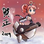  2009 artist_request blue_eyes breasts busou_shinki doll_joints exhaust large_breasts new_year pink_hair snow solo tail twintails vitulus 