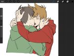  2boys animification antenna_hair art_program_in_frame bad_id bad_twitter_id blush brown_hair chinese_commentary closed_eyes commentary_request edd_(eddsworld) eddsworld flipped_hair french_kiss green_hoodie hair_behind_ear hair_ears hand_on_another's_face hand_on_another's_head highres hood hood_down hoodie kiss kiyoshi_st long_sleeves male_focus multiple_boys open_mouth procreate_(medium) procreate_(software) red_hoodie short_hair simple_background sweat swept_bangs tord_(eddsworld) white_background yaoi 