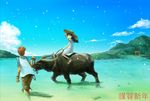  1girl beach bull cloud day hat ocean original oropi outdoors riding sky straw_hat wading water 