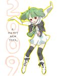  1girl 2009 blush boots green_hair macross macross_frontier new_year ranka_lee red_eyes scarf short_hair solo thighhighs 