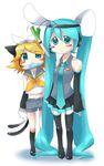  animal_ears aqua_eyes aqua_hair bad_id bad_pixiv_id blonde_hair blush blush_stickers bow bunny_ears cat_ears detached_sleeves eyebrows_visible_through_hair fish hatsune_miku hattori_masaki headset highres kagamine_rin long_hair midriff multiple_girls navel necktie paws short_hair shorts skirt spring_onion tail thighhighs twintails vocaloid zettai_ryouiki 