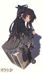  1girl baronilu black_dress black_hair black_rock_shooter black_rock_shooter_(character) blue_eyes blush boots can chain dress expressionless frilled_dress frilled_sleeves frills full_body gothic_lolita hair_ornament high_heel_boots high_heels highres jewelry lolita_fashion long_hair looking_at_viewer ring sitting solo star_(symbol) star_hair_ornament twintails 