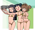  3girls :d bikini black_hair blue_eyes breasts brown_hair camcorder camera cardcaptor_sakura character_request commentary_request daidouji_tomoyo formerly gold_bikini green_eyes hair_intakes holding holding_camera kinomoto_sakura long_hair medium_hair multiple_girls navel small_breasts smile swimsuit video_camera 