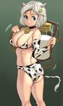  2009 animal_print bad_id bad_pixiv_id bell bikini breasts chinese_zodiac cleavage cow_bell cow_girl cow_print detached_sleeves elbow_gloves gloves horns large_breasts looking_back masao milk new_year original short_hair solo string_bikini swimsuit tail white_hair year_of_the_ox 